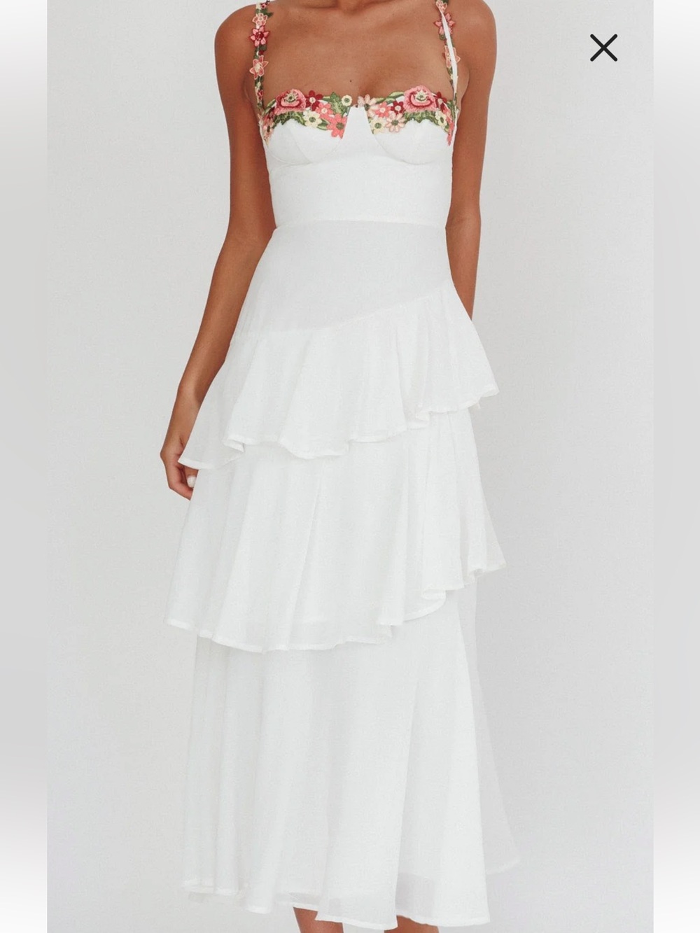 Rose Garden Tiered Ruffle Floral Trim Maxi Dress White